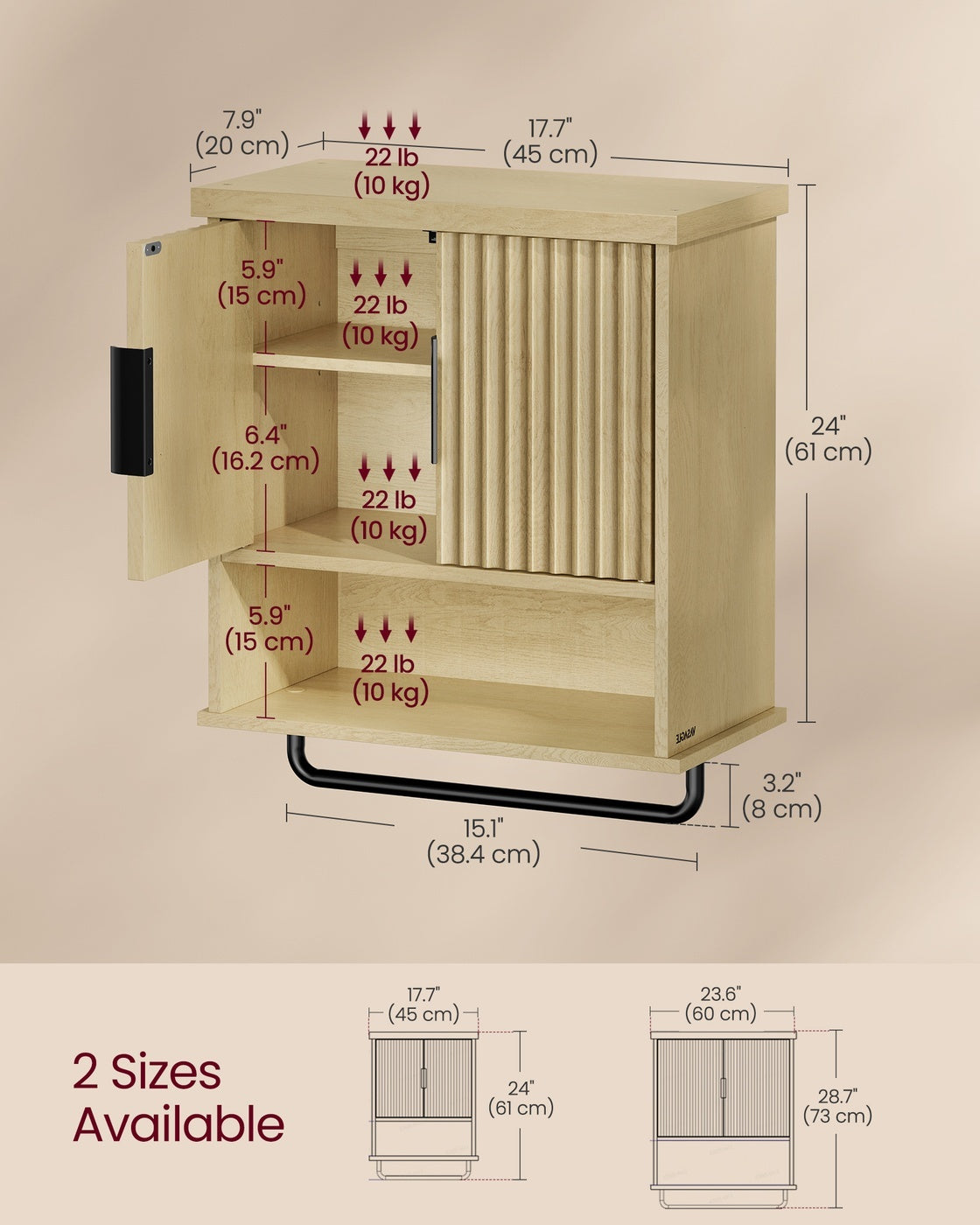 Over Toilet Wall Mounted Bathroom Cabinet, 17.7 Or 23.6 Inch Wide - product photo 11