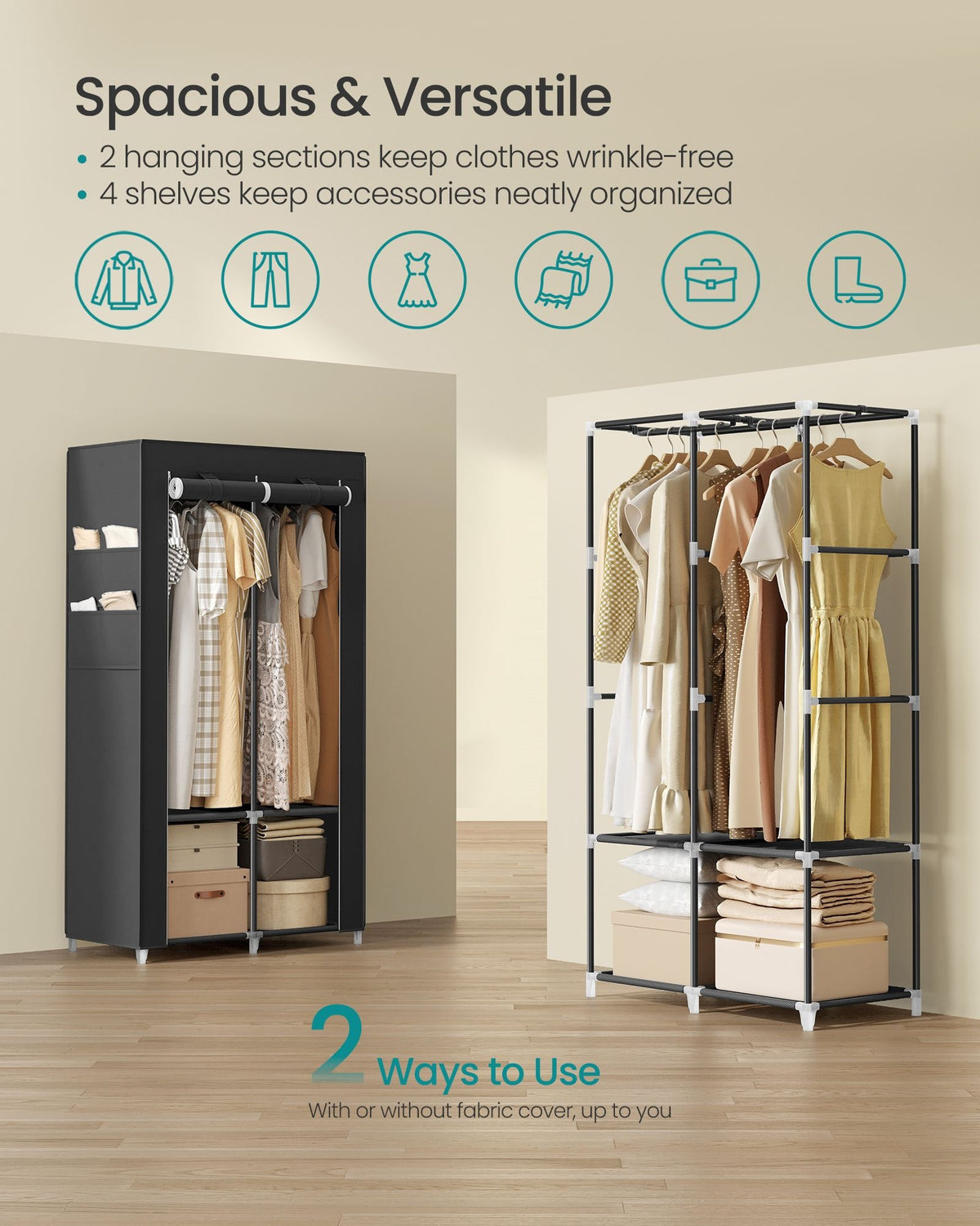 Portable Closet With Shelves And Side Pockets, 33.9 To 66.9 Inch Wide - product photo 71
