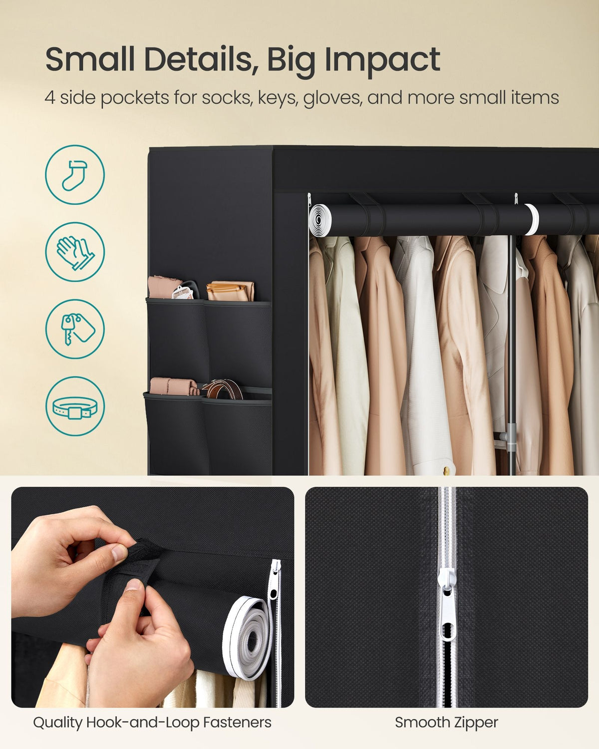 Portable Closet With Shelves And Side Pockets, 33.9 To 66.9 Inch Wide - product photo 74