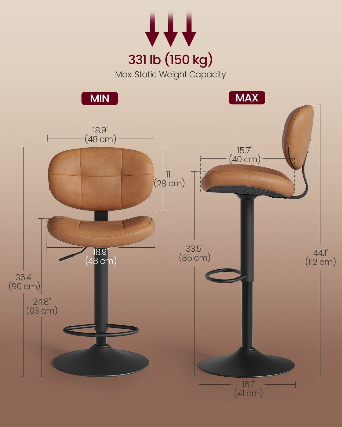 PU Leather Swivel Bar Stools With Back, Footrest And Adjustable Height - product photo 41