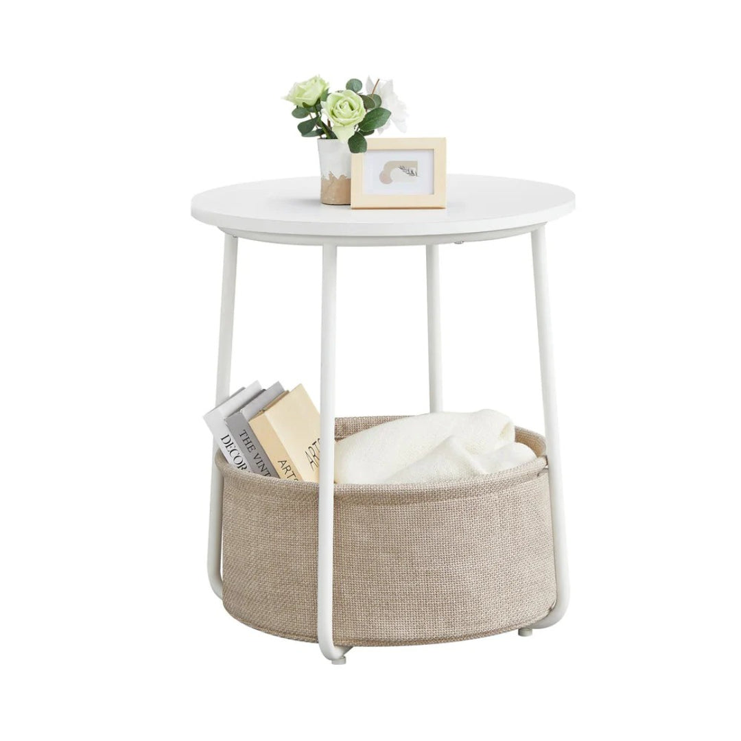 Round Nightstand With Fabric Basket Modern Bedside Table – product view 1 | Ridgefield Furniture