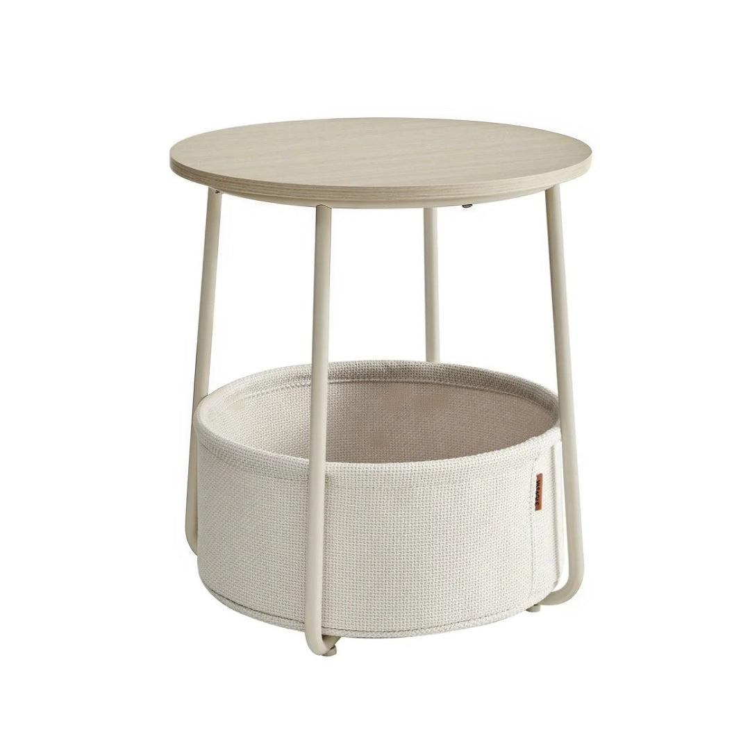 Round Nightstand With Fabric Basket Modern Bedside Table – product view 2 | Ridgefield Furniture