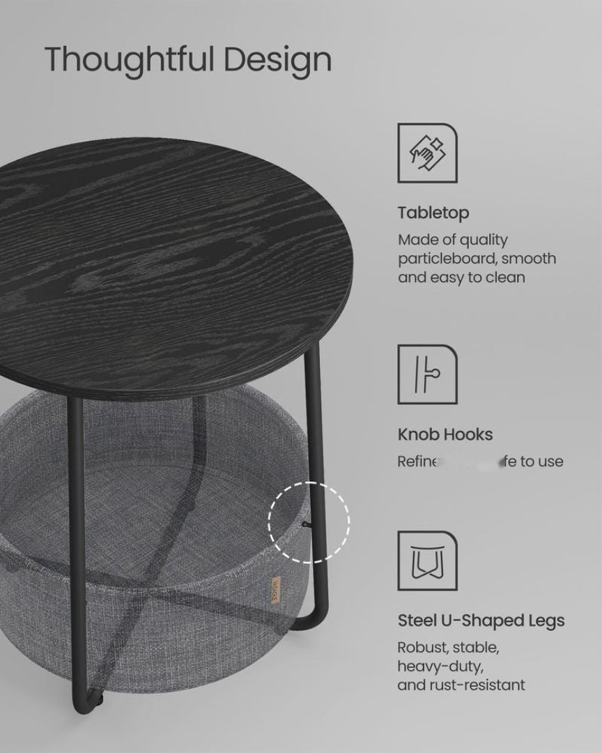 Round Nightstand With Fabric Basket Modern Bedside Table – product view 16 | Ridgefield Furniture