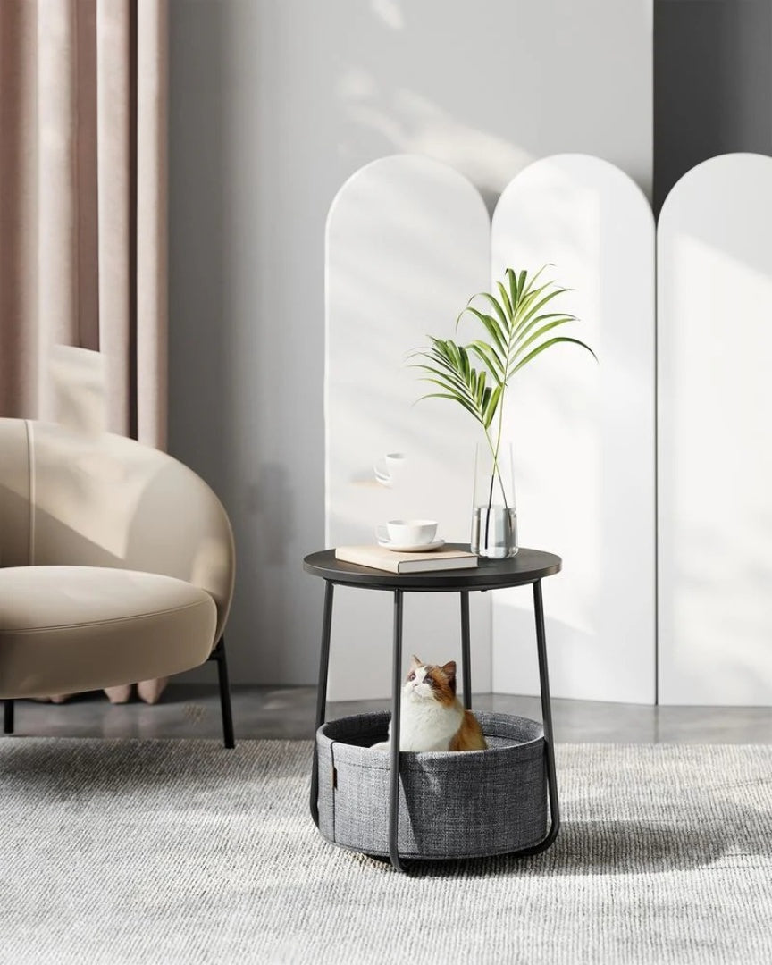 Round Nightstand With Fabric Basket Modern Bedside Table – product view 17 | Ridgefield Furniture