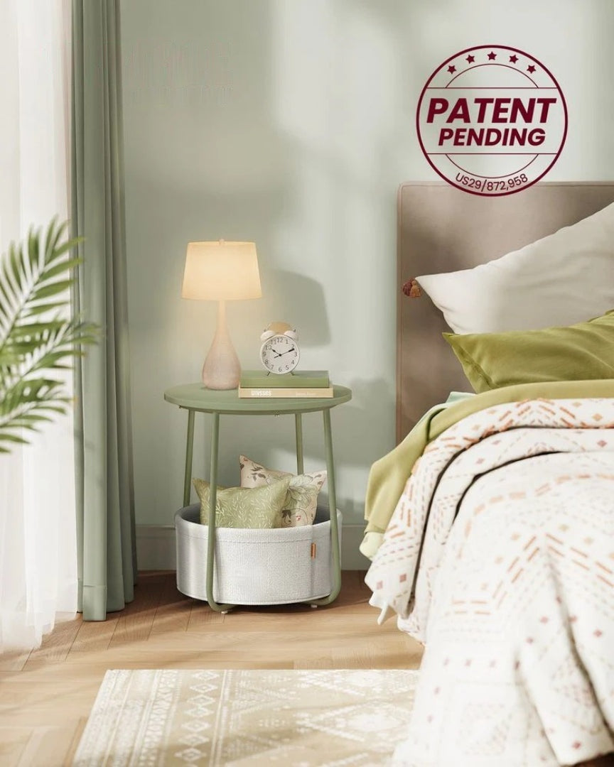 Round Nightstand With Fabric Basket Modern Bedside Table – product view 19 | Ridgefield Furniture