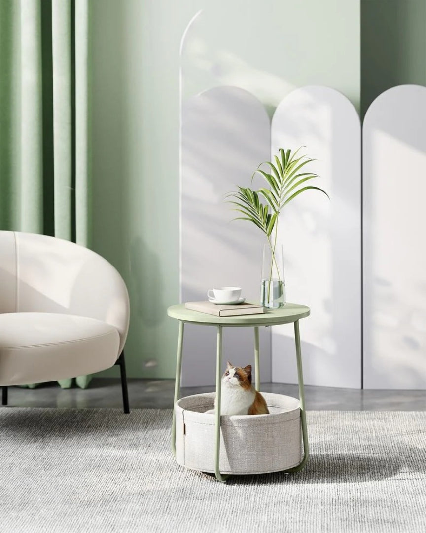 Round Nightstand With Fabric Basket Modern Bedside Table – product view 20 | Ridgefield Furniture