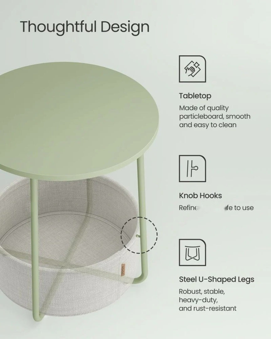 Round Nightstand With Fabric Basket Modern Bedside Table – product view 21 | Ridgefield Furniture
