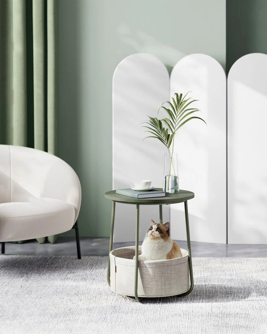 Round Nightstand With Fabric Basket Modern Bedside Table – product view 26 | Ridgefield Furniture