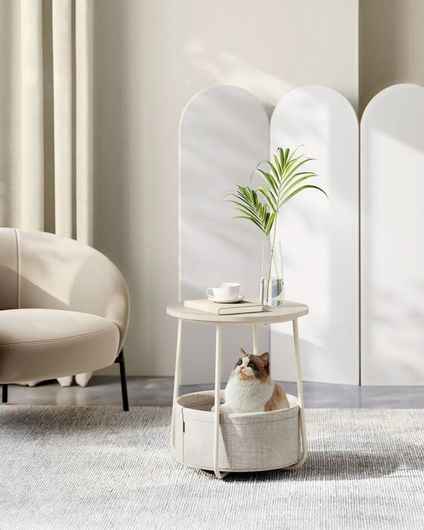 Round Nightstand With Fabric Basket Modern Bedside Table – product view 40 | Ridgefield Furniture