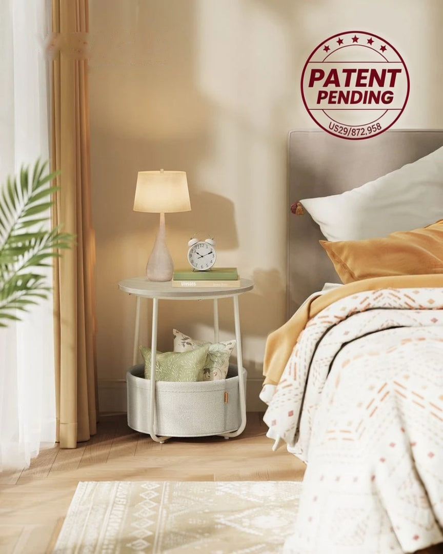 Round Nightstand With Fabric Basket Modern Bedside Table – product view 41 | Ridgefield Furniture