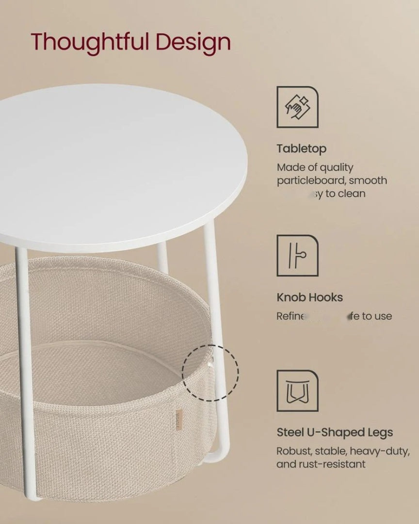 Round Nightstand With Fabric Basket Modern Bedside Table – product view 45 | Ridgefield Furniture