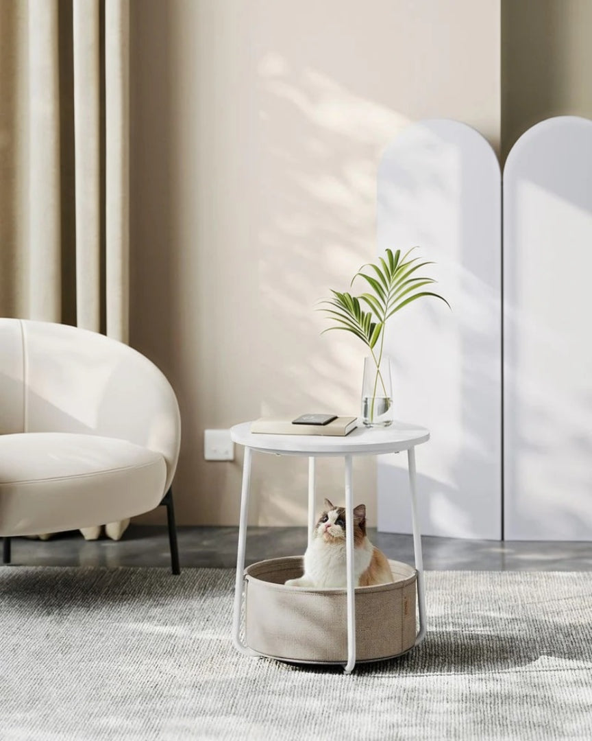 Round Nightstand With Fabric Basket Modern Bedside Table – product view 46 | Ridgefield Furniture