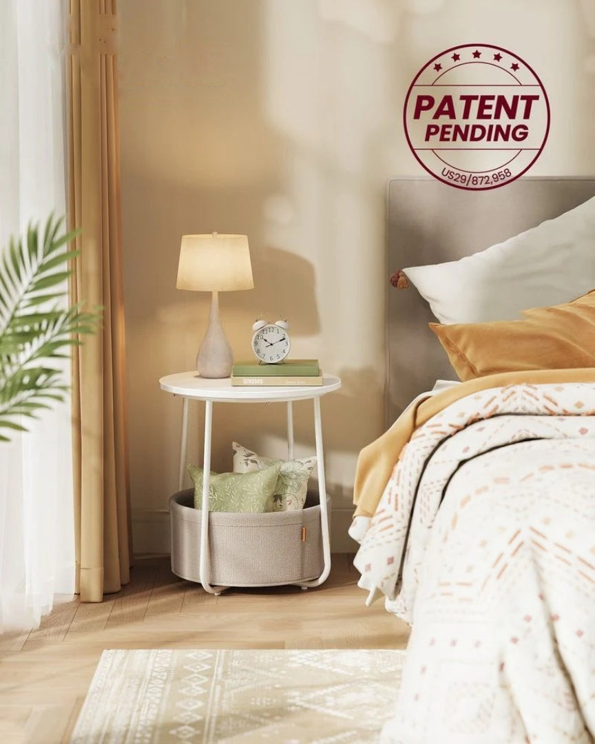 Round Nightstand With Fabric Basket Modern Bedside Table – product view 47 | Ridgefield Furniture