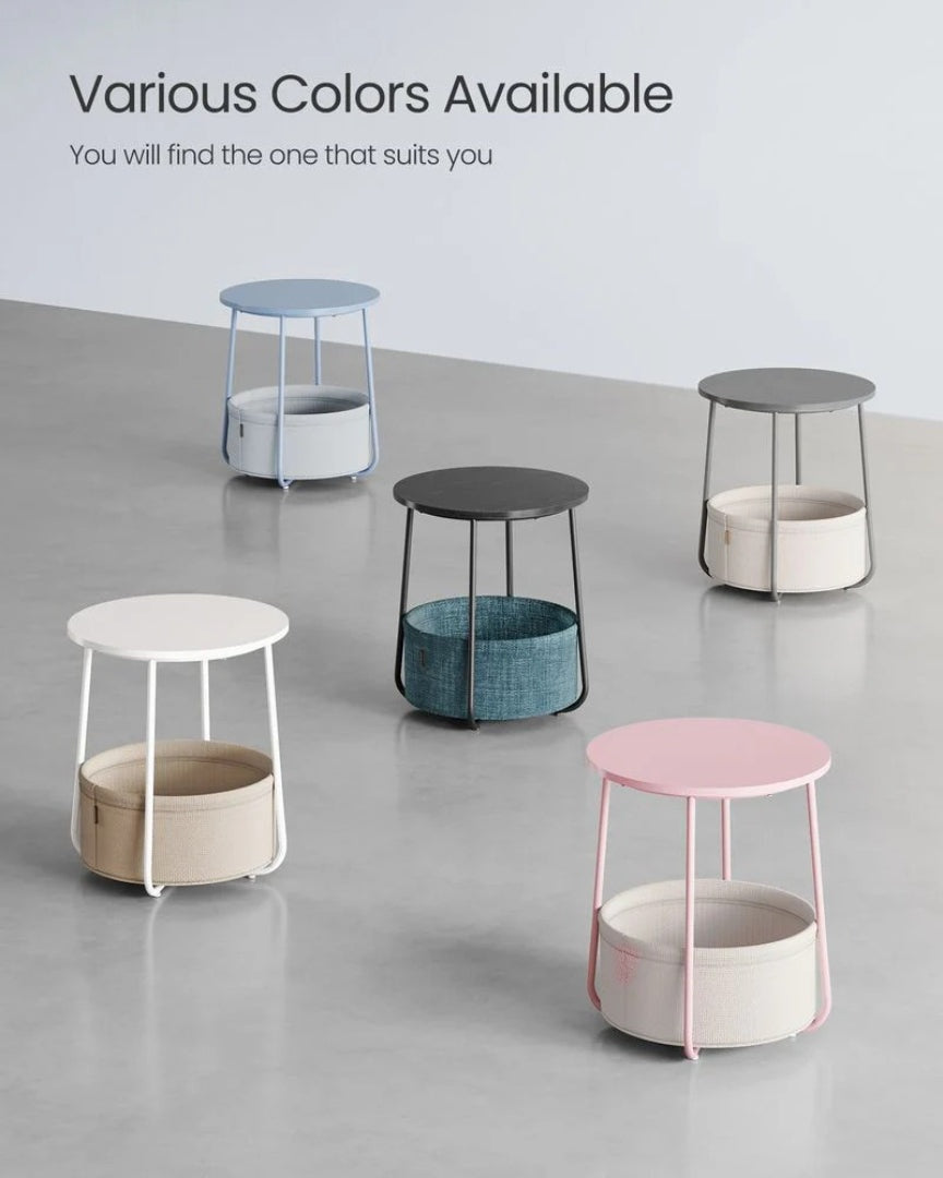 Round Nightstand With Fabric Basket Modern Bedside Table – product view 48 | Ridgefield Furniture