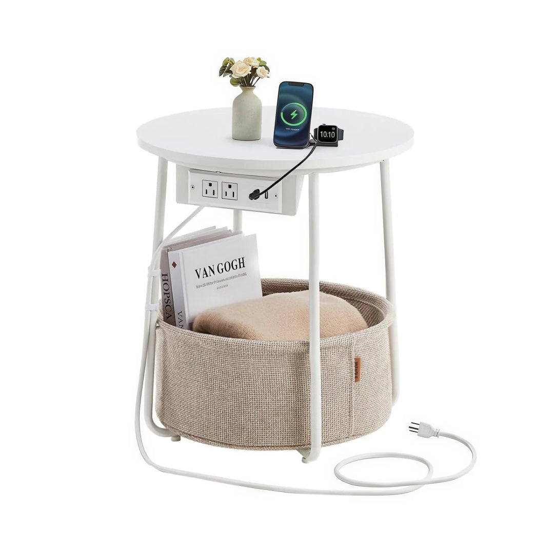 Round Side Table with Charging Station and Fabric Basket Storage – product view 1 | Ridgefield Furniture