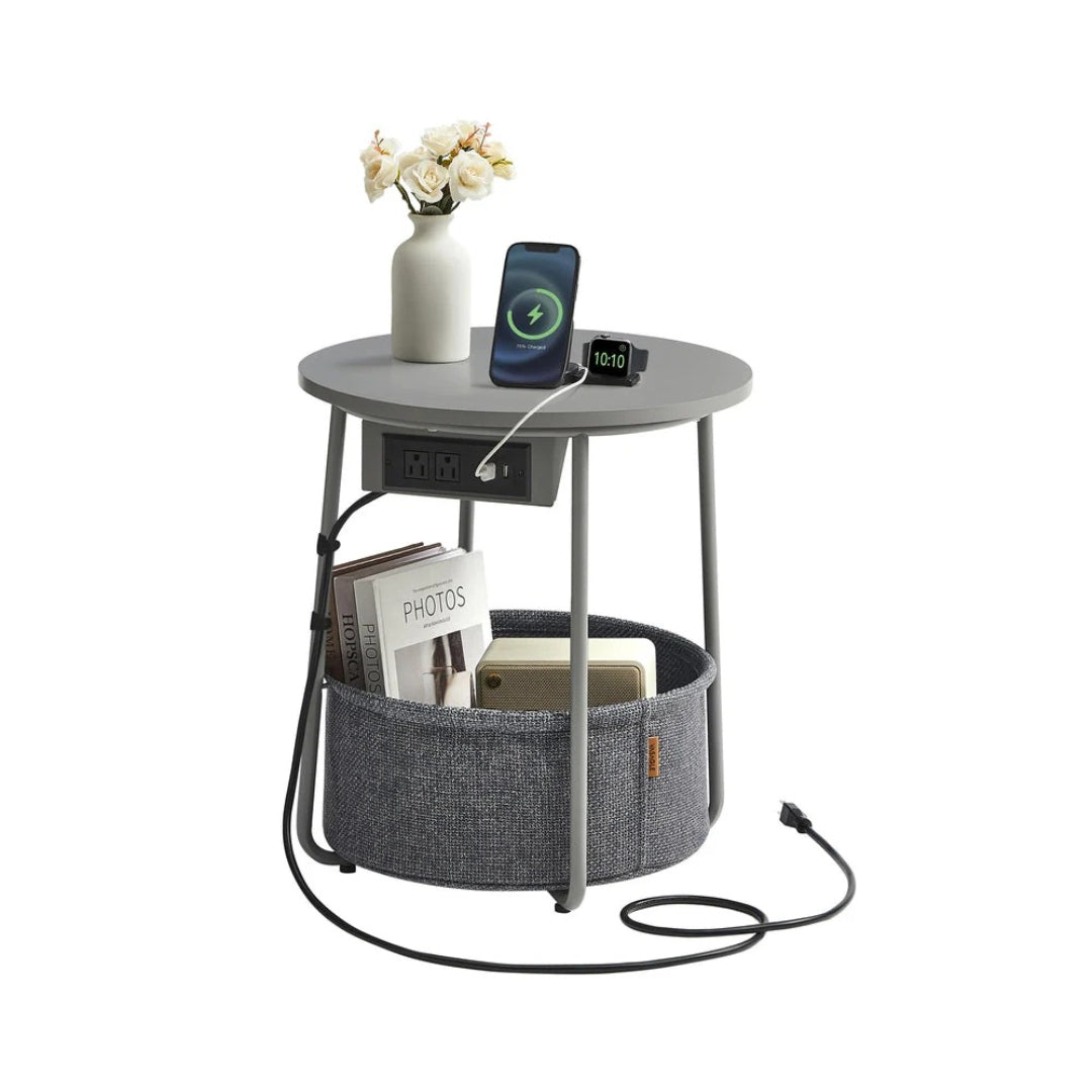 Round Side Table with Charging Station and Fabric Basket Storage – product view 2 | Ridgefield Furniture