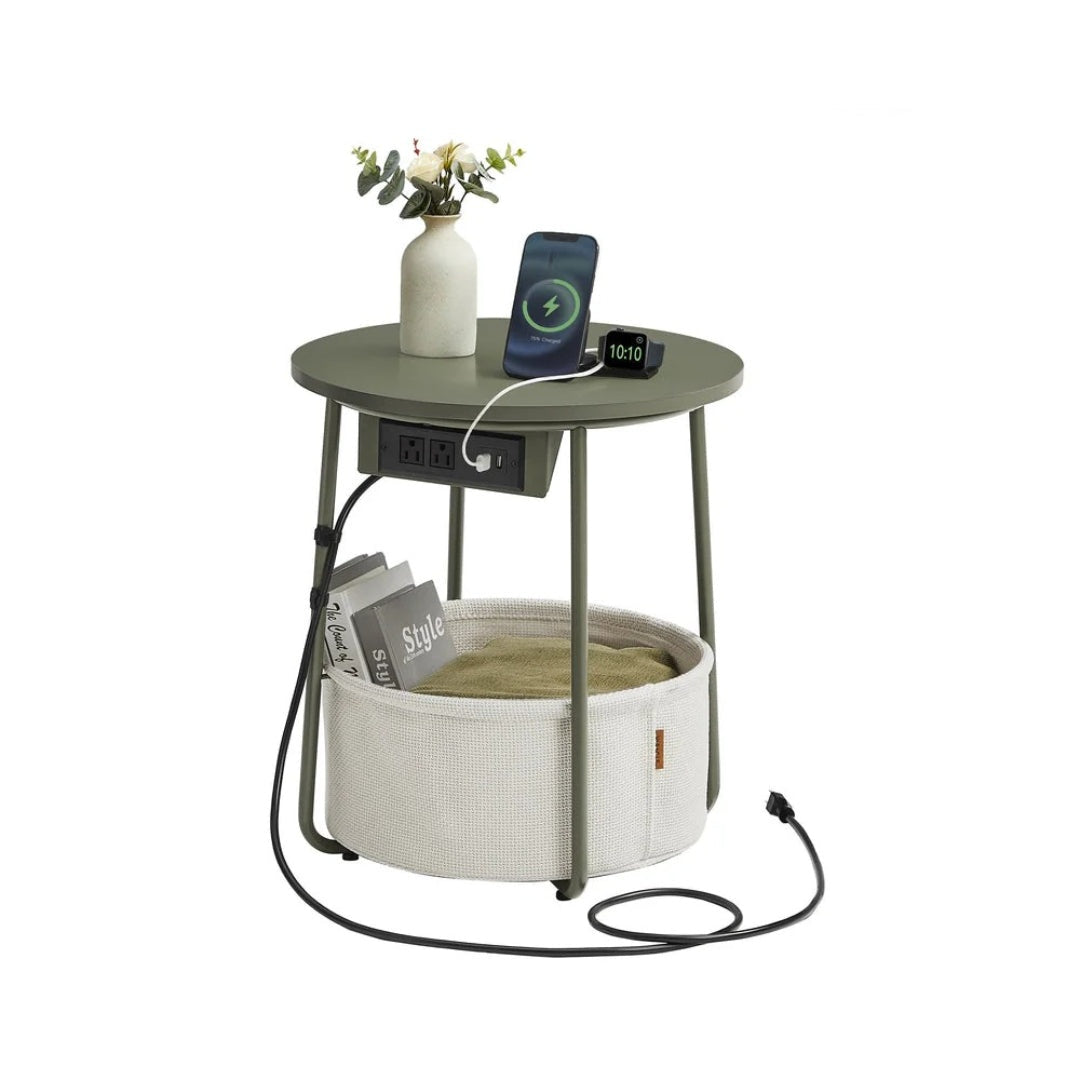 Round Side Table with Charging Station and Fabric Basket Storage – product view 3 | Ridgefield Furniture
