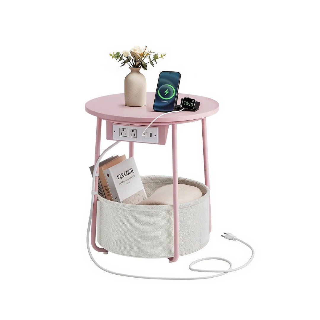 Round Side Table with Charging Station and Fabric Basket Storage – product view 4 | Ridgefield Furniture