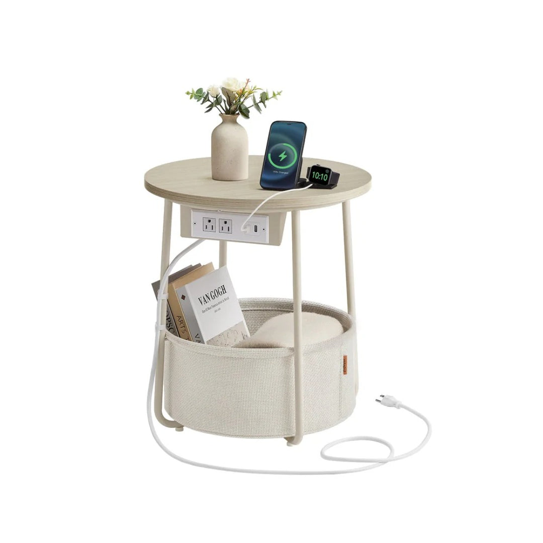 Round Side Table with Charging Station and Fabric Basket Storage – product view 6 | Ridgefield Furniture