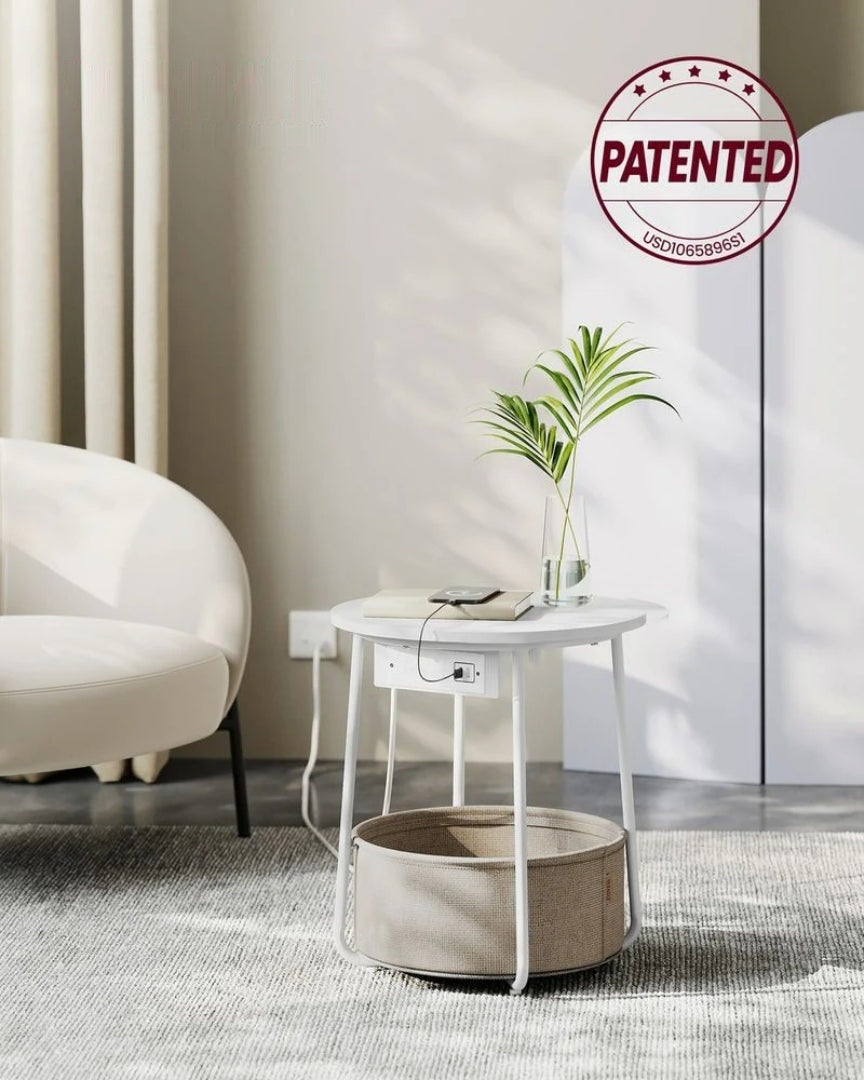 Round Side Table with Charging Station and Fabric Basket Storage – product view 7 | Ridgefield Furniture