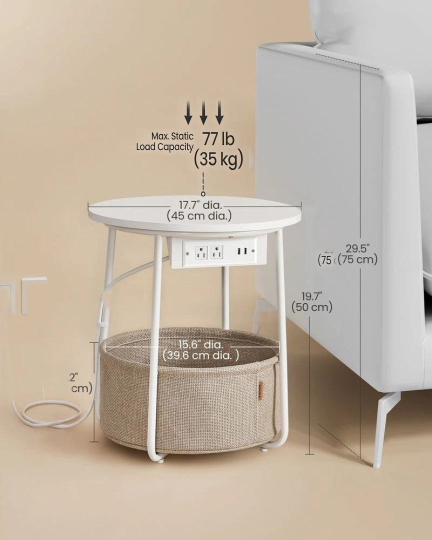 Round Side Table with Charging Station and Fabric Basket Storage – product view 11 | Ridgefield Furniture