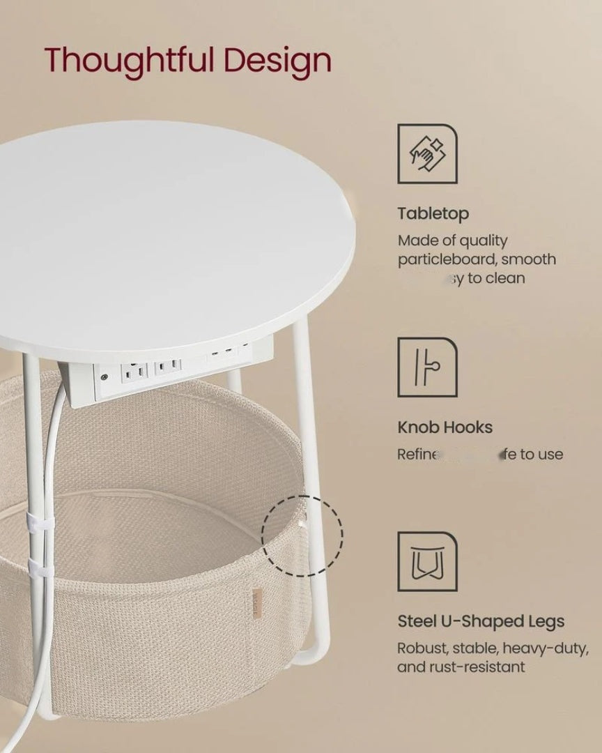 Round Side Table with Charging Station and Fabric Basket Storage – product view 12 | Ridgefield Furniture