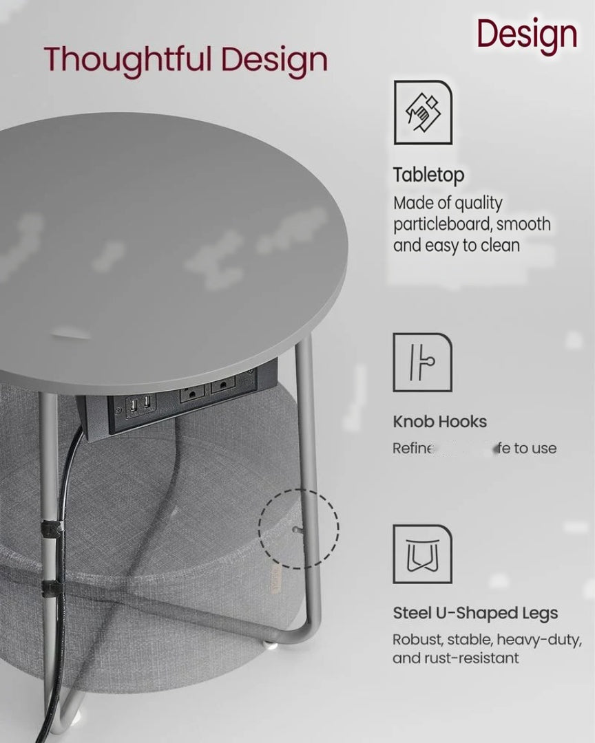 Round Side Table with Charging Station and Fabric Basket Storage – product view 17 | Ridgefield Furniture