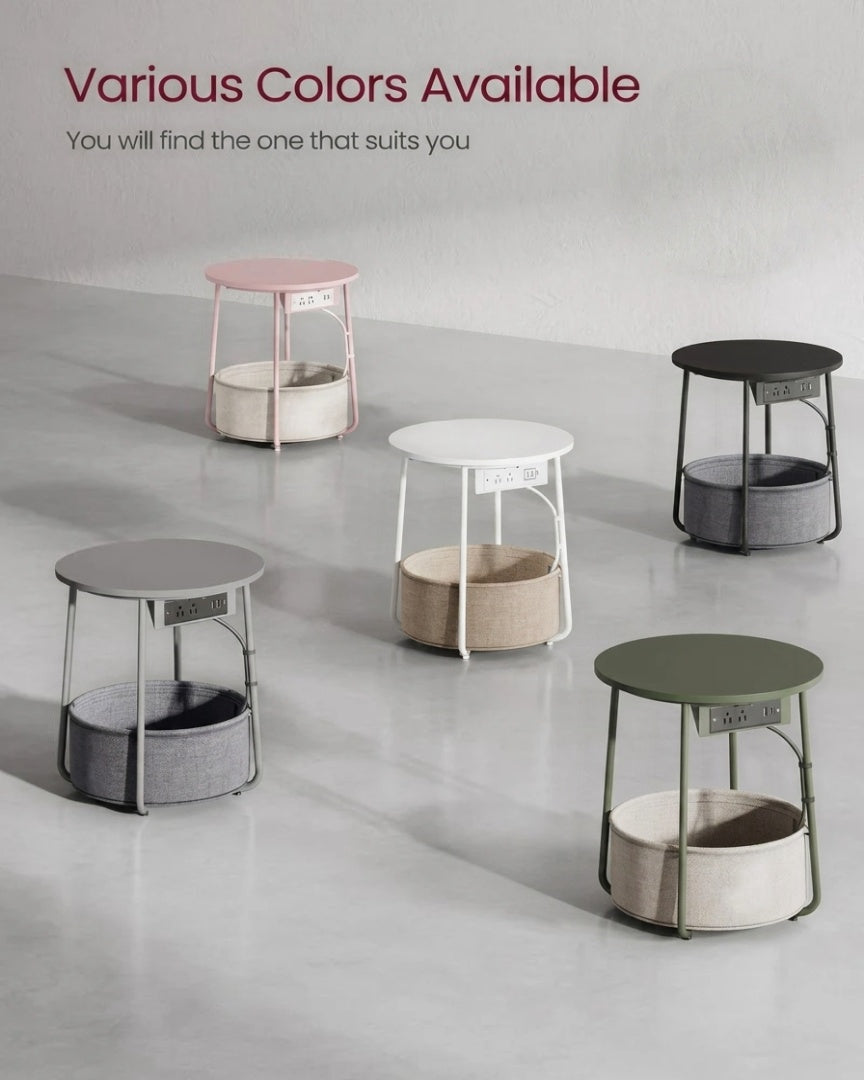 Round Side Table with Charging Station and Fabric Basket Storage – product view 18 | Ridgefield Furniture