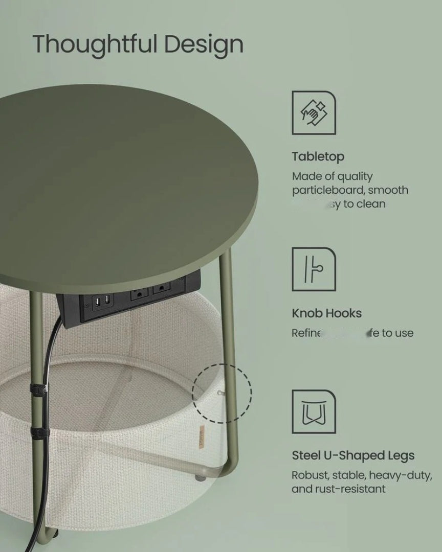 Round Side Table with Charging Station and Fabric Basket Storage – product view 22 | Ridgefield Furniture