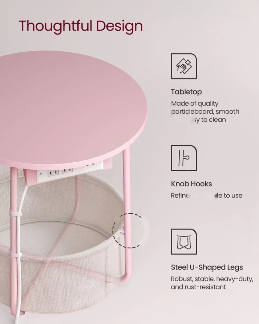 Round Side Table with Charging Station and Fabric Basket Storage – product view 27 | Ridgefield Furniture