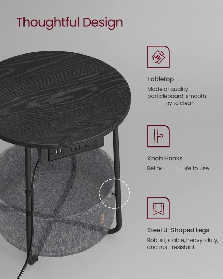 Round Side Table with Charging Station and Fabric Basket Storage – product view 31 | Ridgefield Furniture