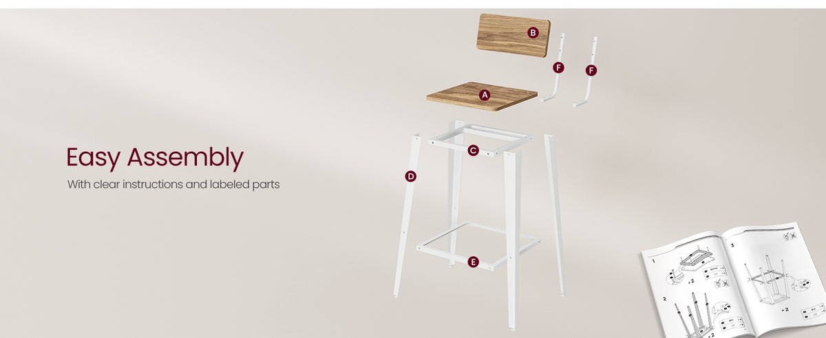 Set Of 2 Bar Stools With Footrest And Curved Backrest, Industrial Design - product photo 55