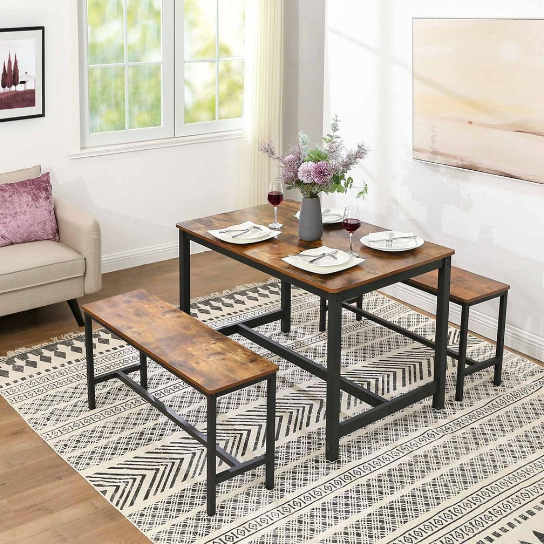 Set of 2 Dining Table Benches with Rustic Wood Top and Metal Frame – product view 2 | Ridgefield Furniture