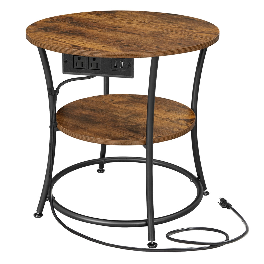 Side Table, 2-Tier Round End Table With Power Outlets - product photo 01
