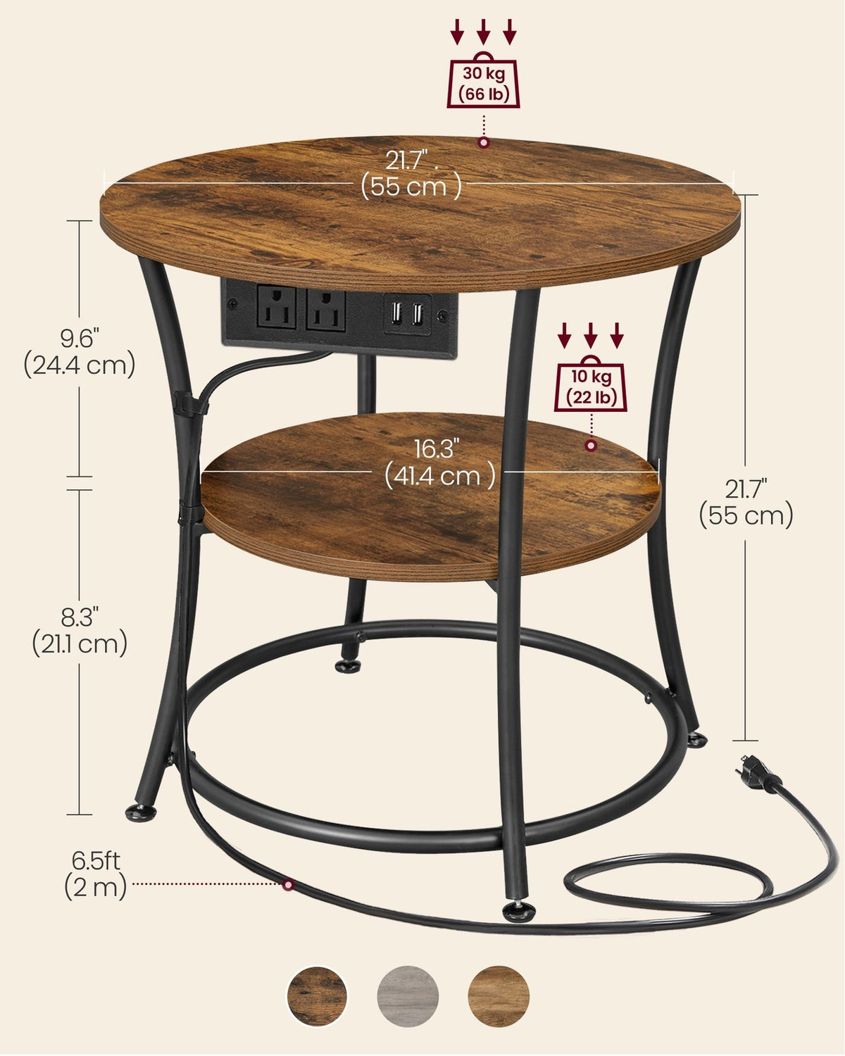 Side Table, 2-Tier Round End Table With Power Outlets - product photo 03