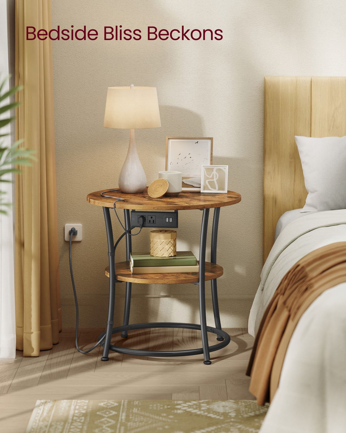 Side Table, 2-Tier Round End Table With Power Outlets - product photo 08