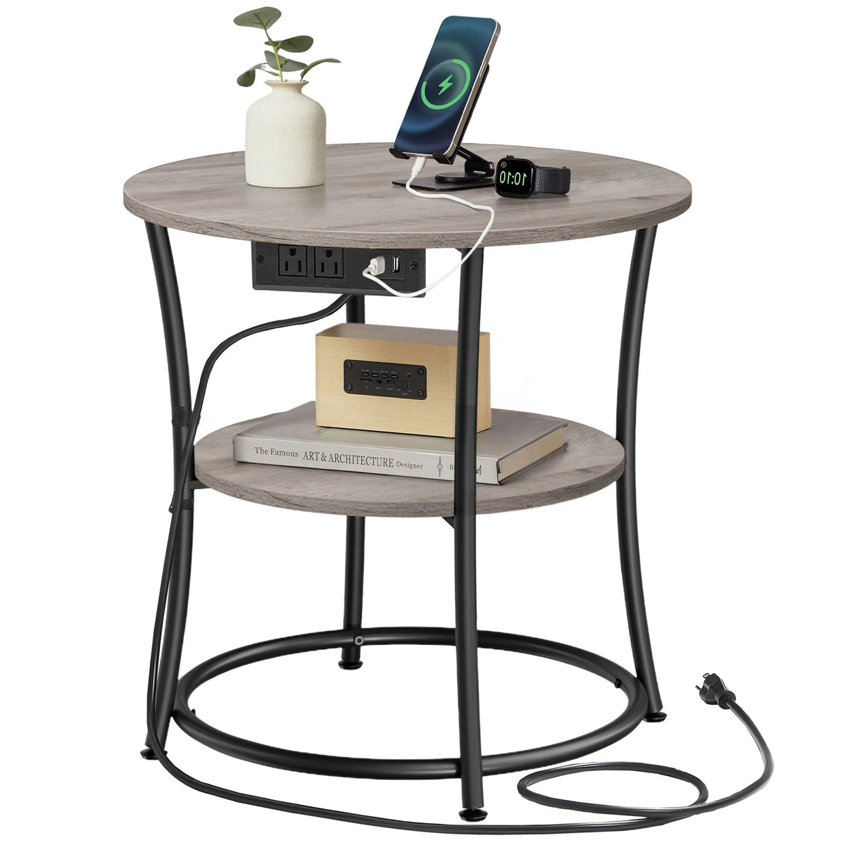 Side Table, 2-Tier Round End Table With Power Outlets - ULET077L01