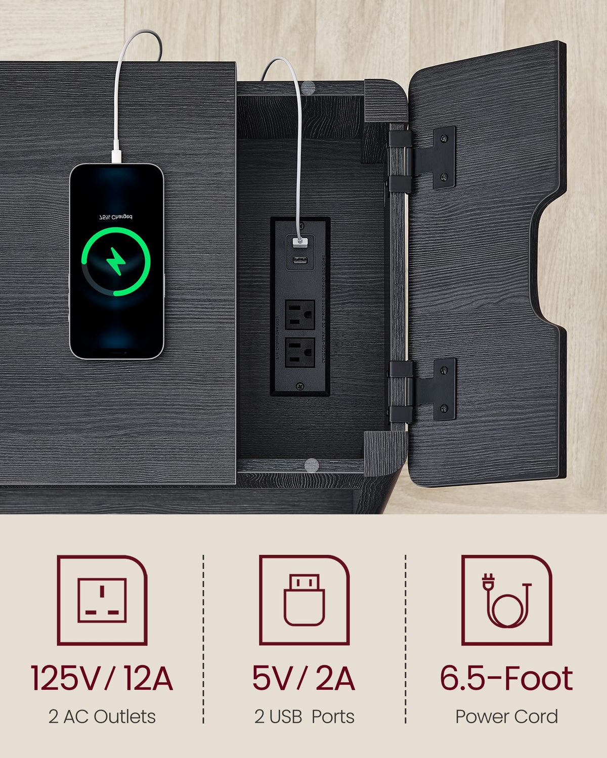 Side Table With Charging Station, Drawer And Open Storage Shelf - product photo 30