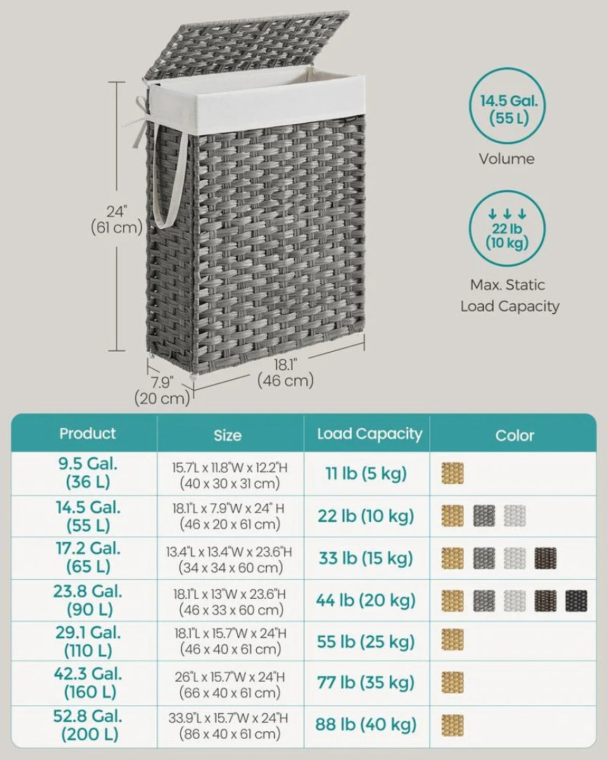 Slim Laundry Hamper With Lid 14.5 Gallon Rattan Basket – product view 10 | Ridgefield Furniture