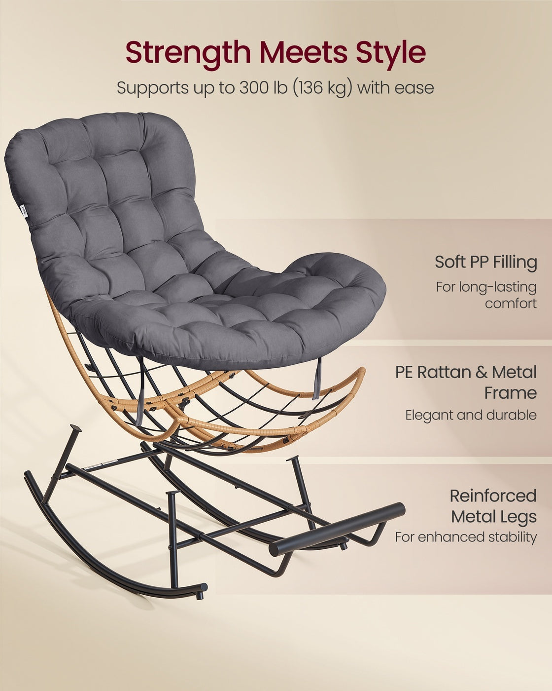 Steel Rocking Papasan Chair For Patio Bedroom Or Living Room - product photo 06