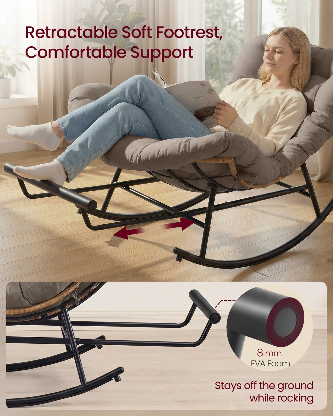 Steel Rocking Papasan Chair With Extendable Footrest For Patio Or Bedroom - product photo 20