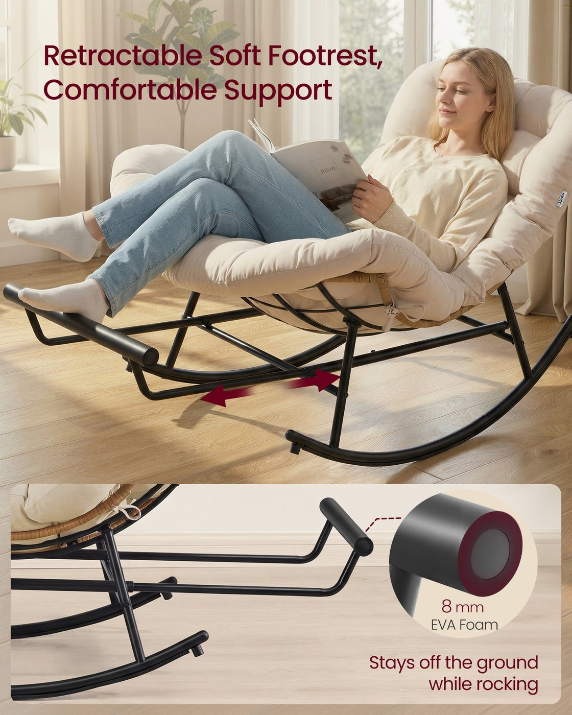 Steel Rocking Papasan Chair With Extendable Footrest For Patio Or Bedroom - product photo 25