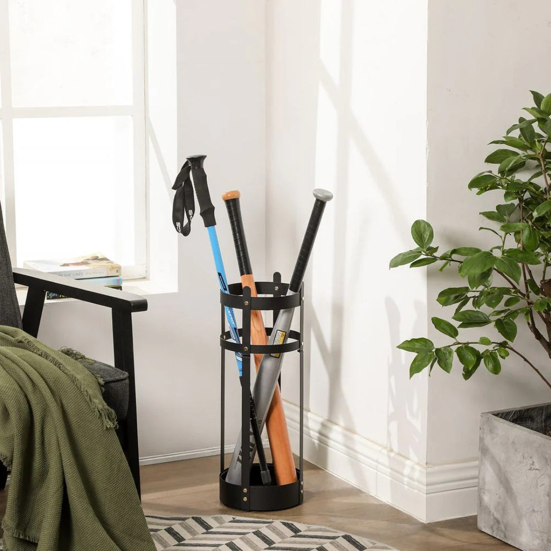 Steel Umbrella Holder Stand With Drip Tray & Hooks Round Rack – product view 4 | Ridgefield Furniture