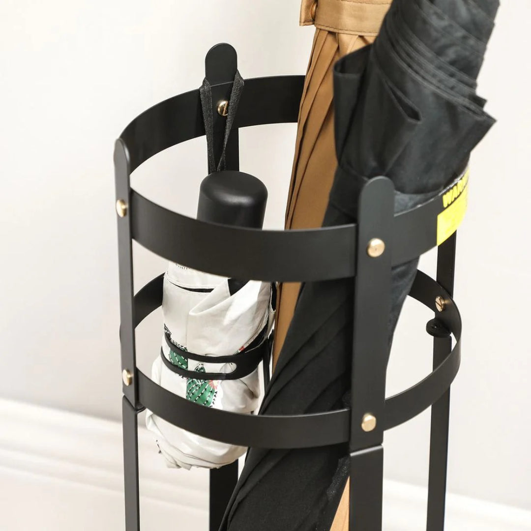 Steel Umbrella Holder Stand With Drip Tray & Hooks Round Rack – product view 5 | Ridgefield Furniture