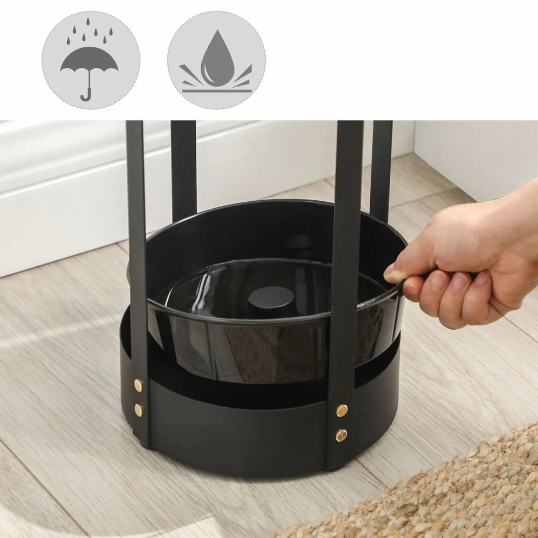 Steel Umbrella Holder Stand With Drip Tray & Hooks Round Rack – product view 6 | Ridgefield Furniture