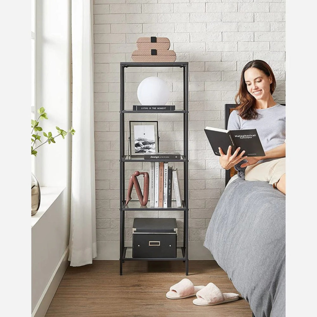 Tempered Glass Bookcase 4 Or 5 Tier Slim Shelving Unit – product view 13 | Ridgefield Furniture