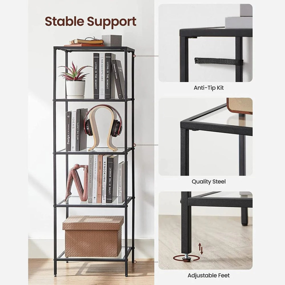 Tempered Glass Bookcase 4 Or 5 Tier Slim Shelving Unit – product view 15 | Ridgefield Furniture