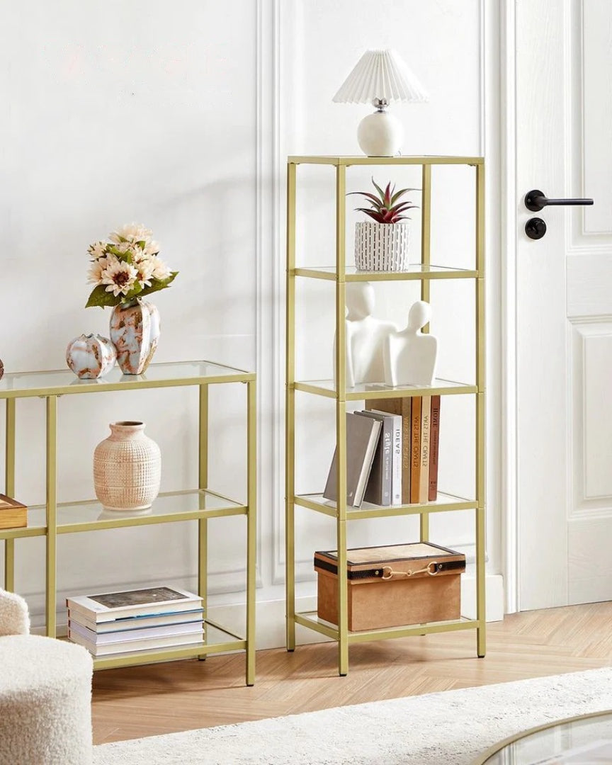 Tempered Glass Bookcase 4 Or 5 Tier Slim Shelving Unit – product view 17 | Ridgefield Furniture