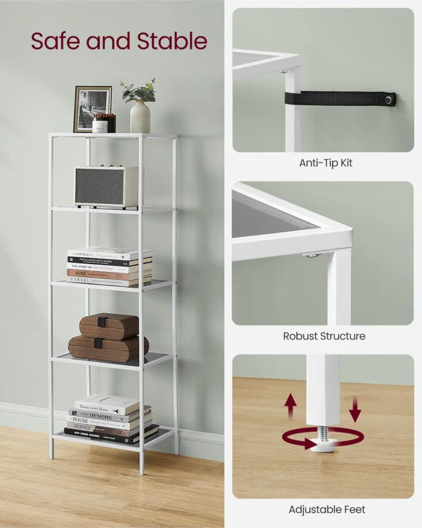 Tempered Glass Bookcase 4 Or 5 Tier Slim Shelving Unit – product view 27 | Ridgefield Furniture