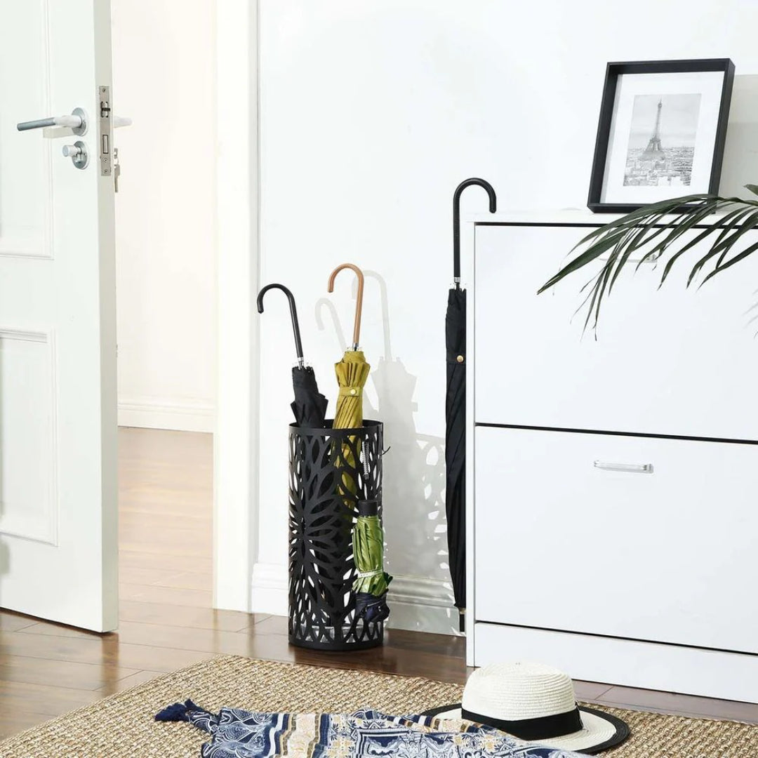 Steel Umbrella Stand With Drip Tray & Hooks For Canes Storage – product view 2 | Ridgefield Furniture